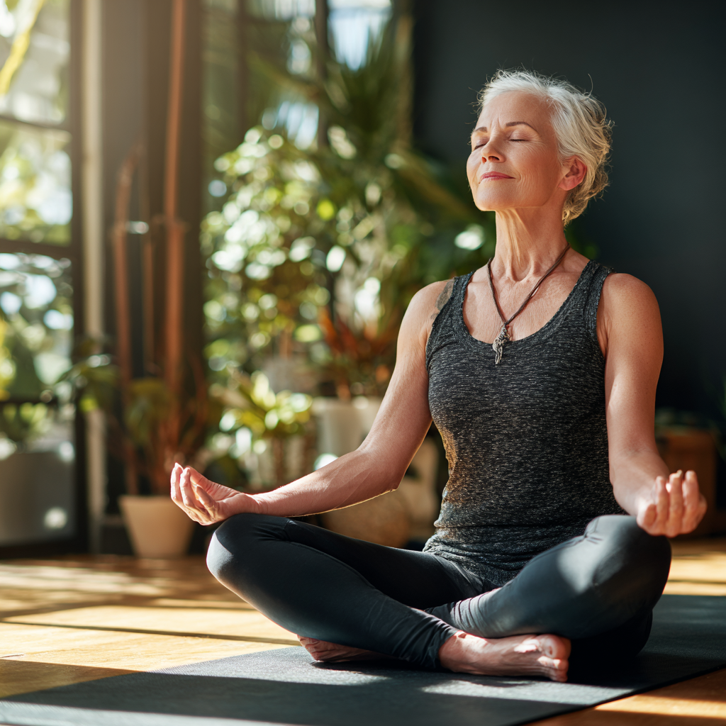 Mature woman practicing yoga in peaceful studio environment