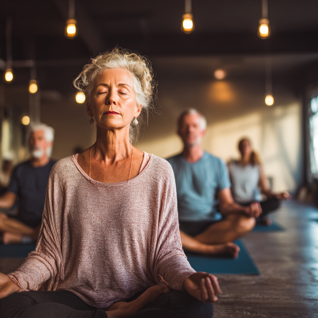 Peaceful yoga studio with middle-aged practitioners in meditation pose